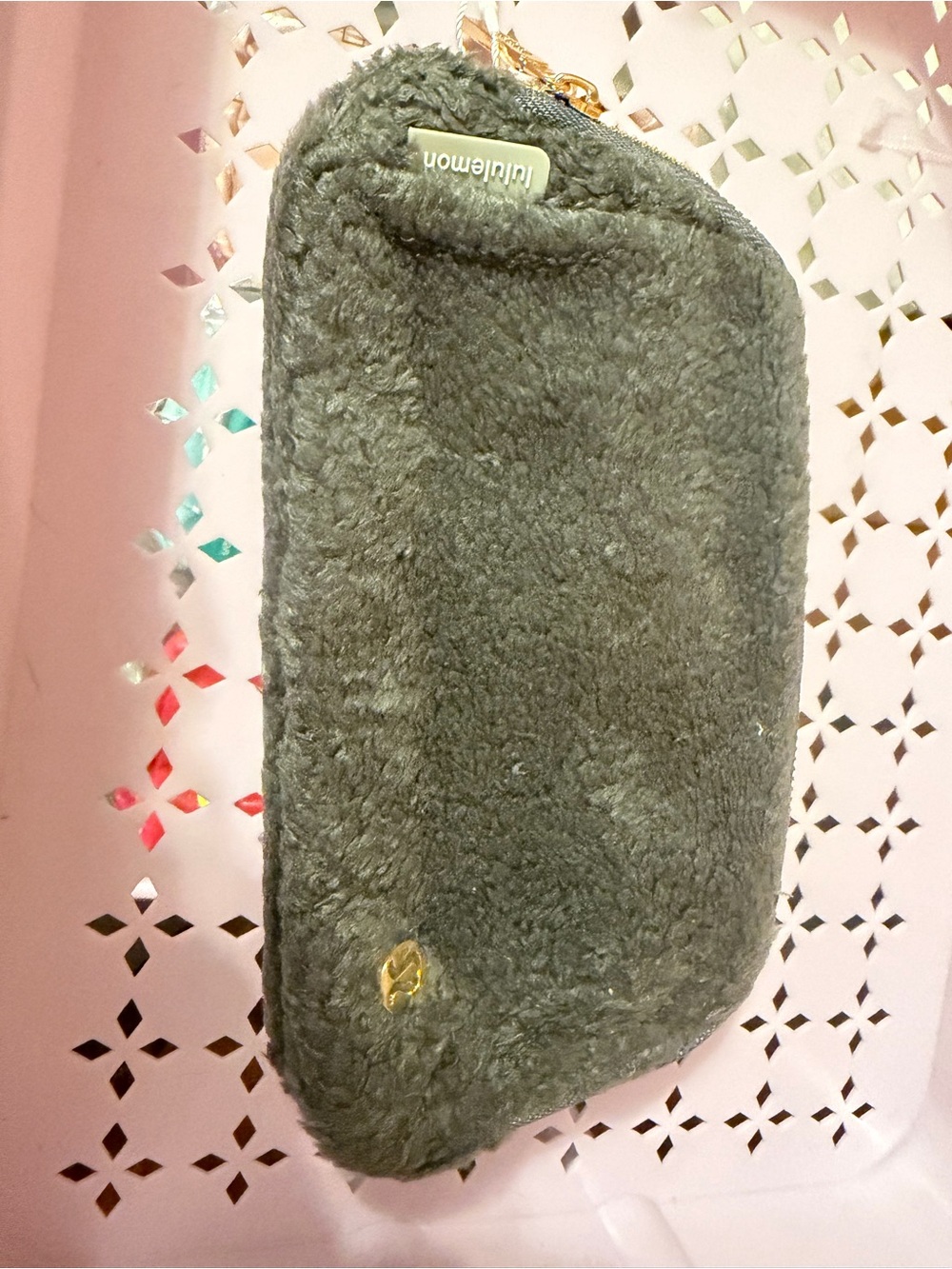 lululemon athletica Gray Plush Zip Pouch with Gold Hardware